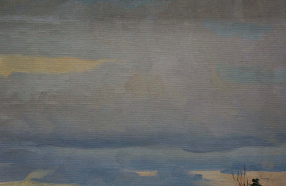 Textured oil painting of moody river landscape sky by Stavropol artist