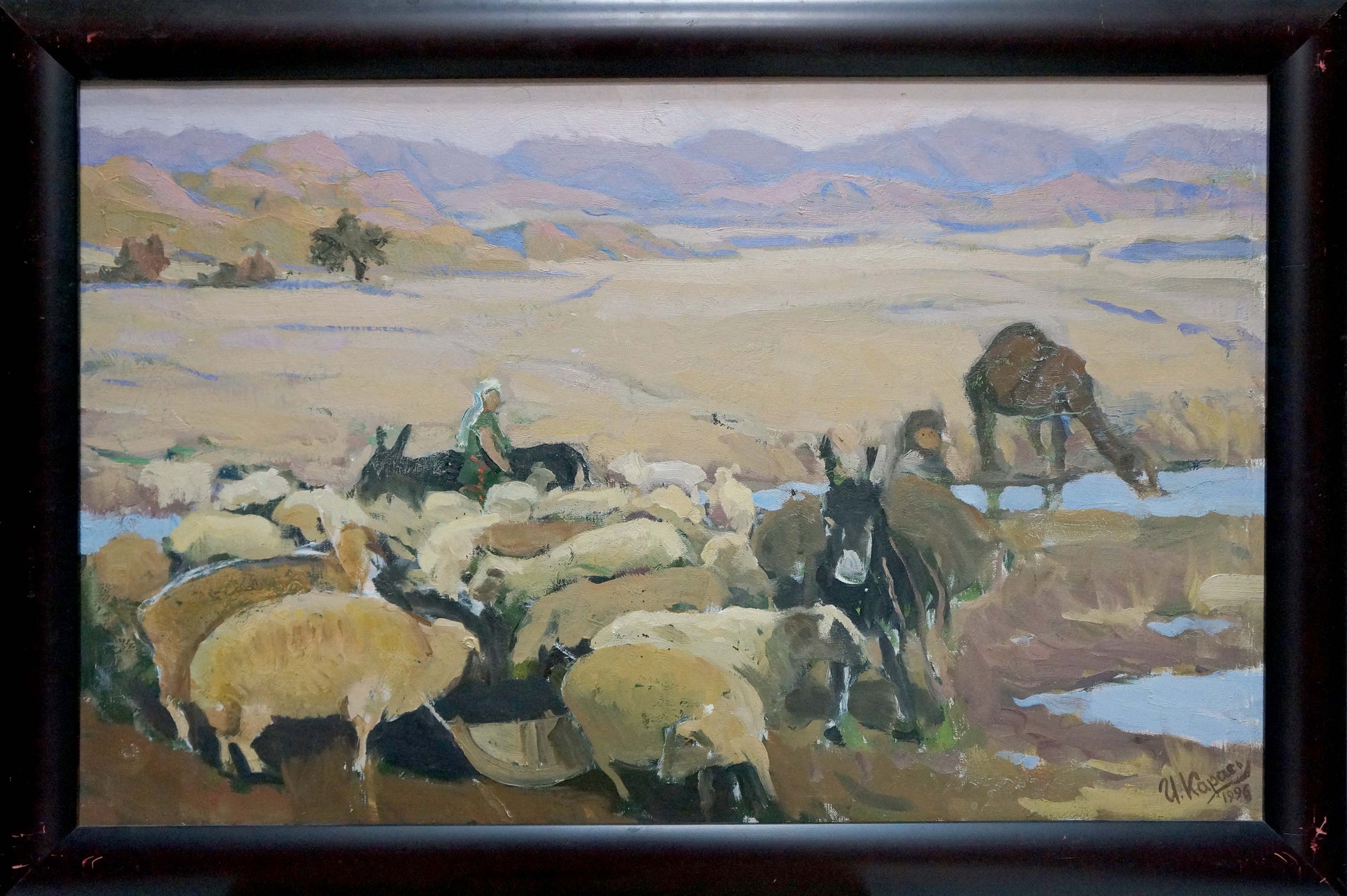 Oil painting Pasture by Karas Joseph Ilyich: pastoral scene with sheep at watering hole