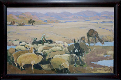 Oil painting Pasture by Karas Joseph Ilyich: pastoral scene with sheep at watering hole