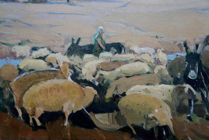Oil painting Pasture by Karas Joseph Ilyich: shepherd guiding sheep and donkeys