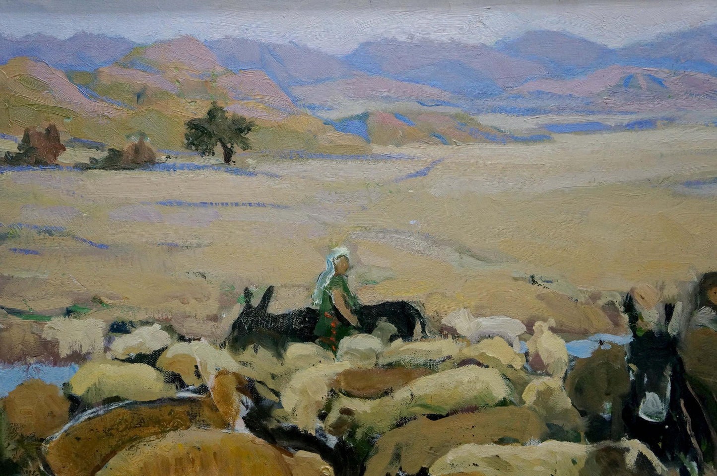 Oil painting Pasture by Karas Joseph Ilyich: shepherd guiding sheep in valley