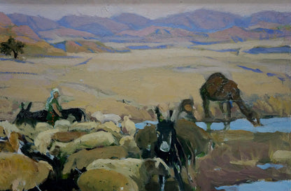 Oil painting Pasture by Karas Joseph Ilyich: desert landscape with mountains, tree, riders, sheep