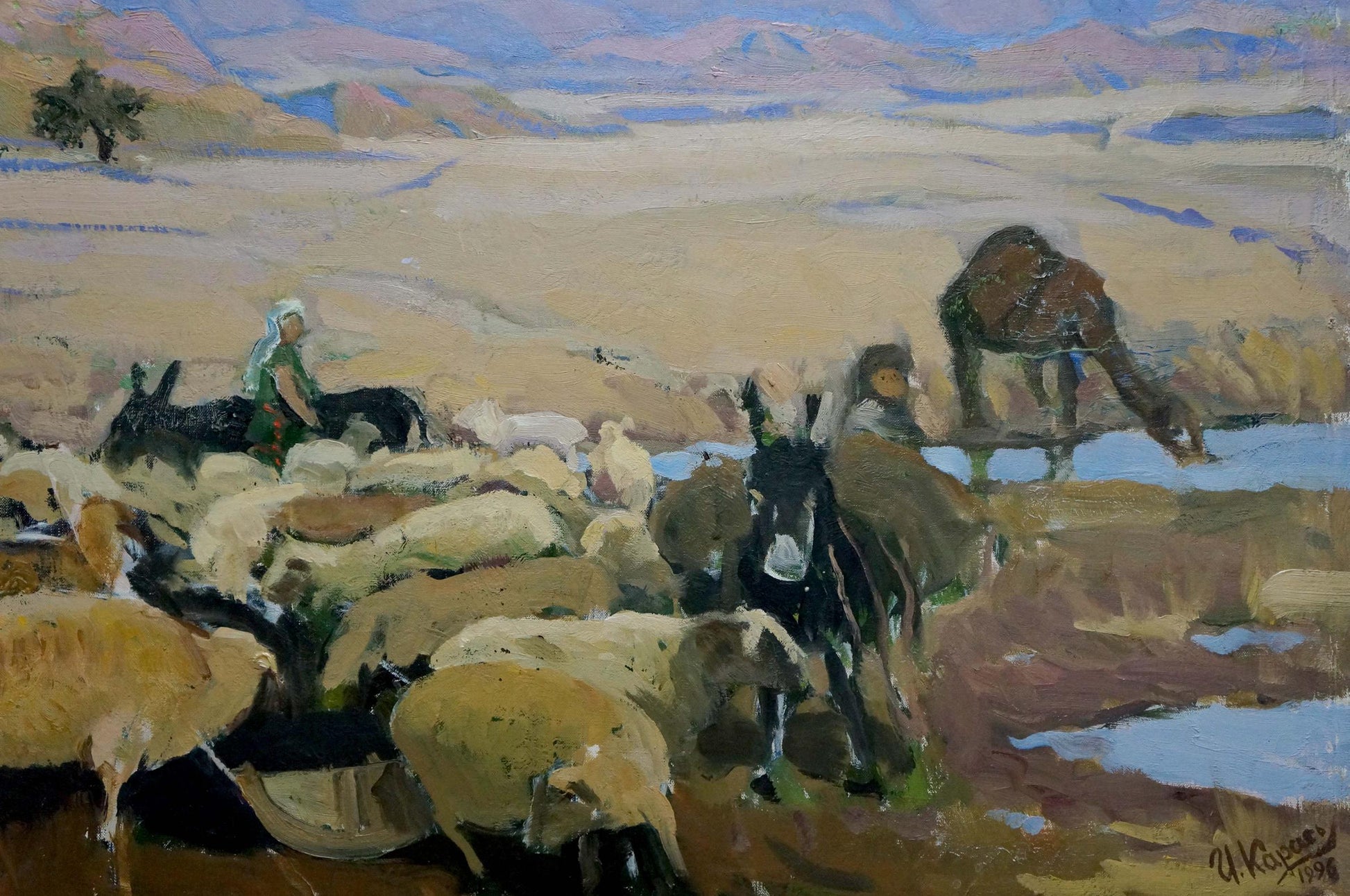 Oil painting Pasture by Karas Joseph Ilyich: desert sheep at watering hole