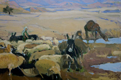 Oil painting Pasture by Karas Joseph Ilyich: desert sheep at watering hole
