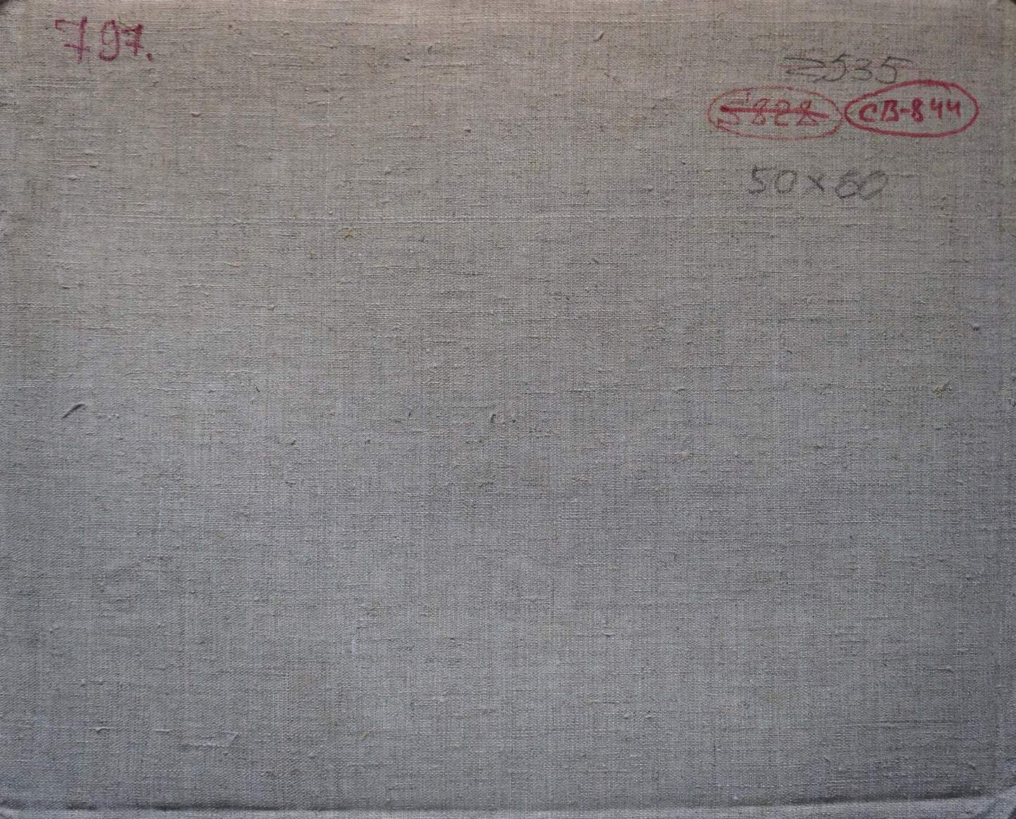Back of Sevastyanov Viktor Grigorievich oil painting Children by the pond with gray textured fabric cover, handwritten markings and stamped labels