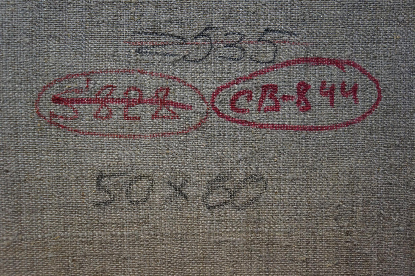 Back of Sevastyanov Viktor Grigorievich oil painting Children by the pond on gray fabric with red stamps and black handwritten numbers