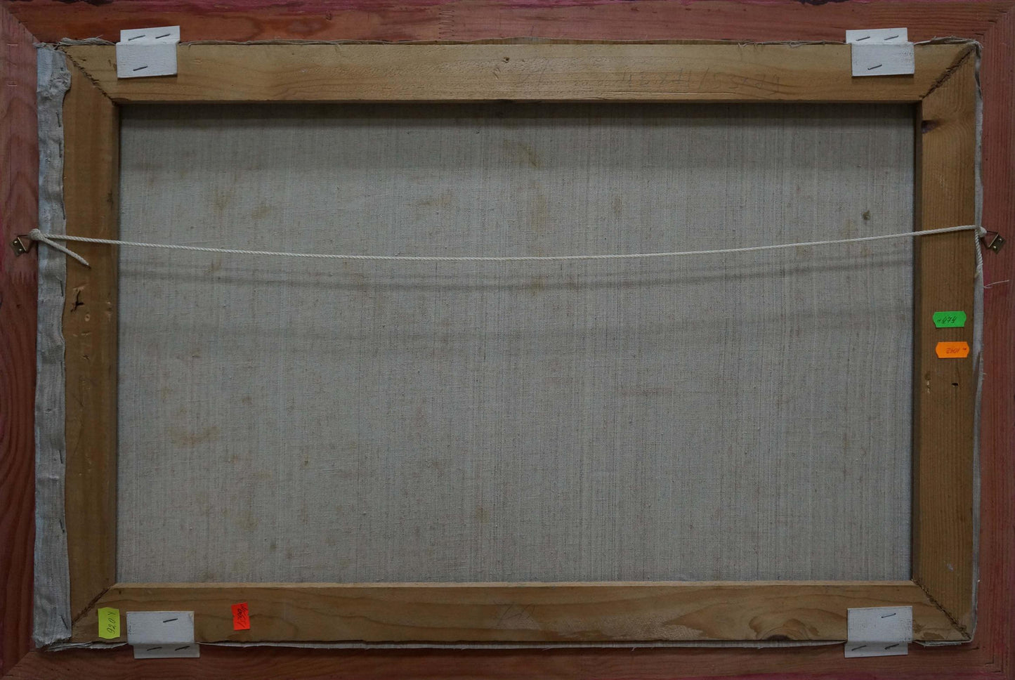 Back of Oil painting Pasture Karas Joseph Ilyich on light brown wooden frame with gray fabric