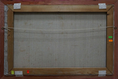 Back of Oil painting Pasture Karas Joseph Ilyich on light brown wooden frame with gray fabric