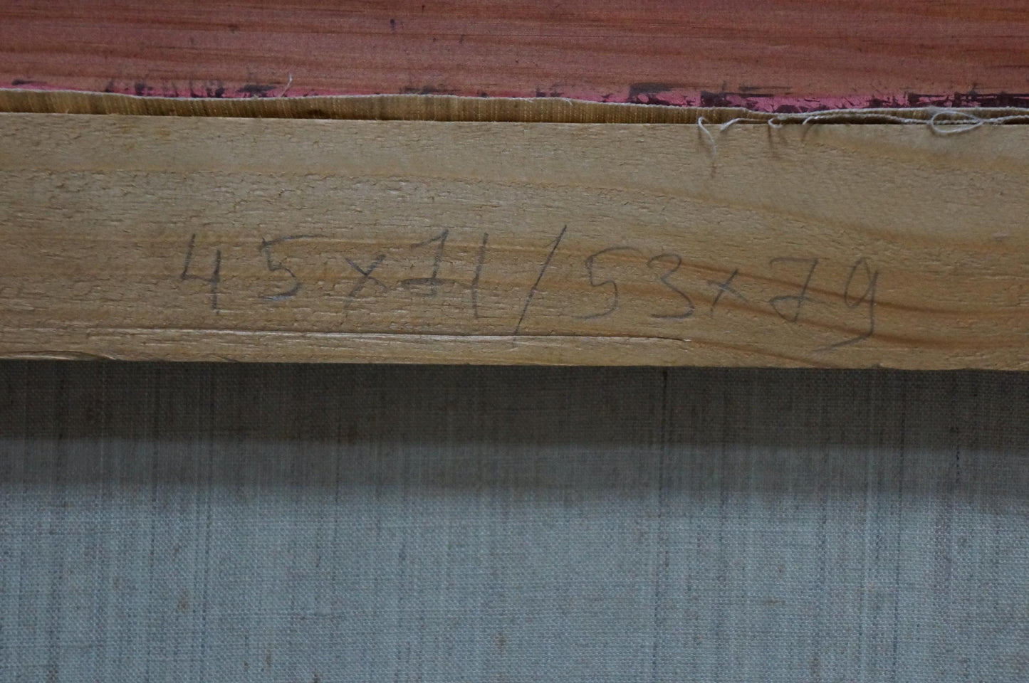 Back of Oil painting Pasture by Karas Joseph Ilyich on light wood stretcher bar with pencil dimensions