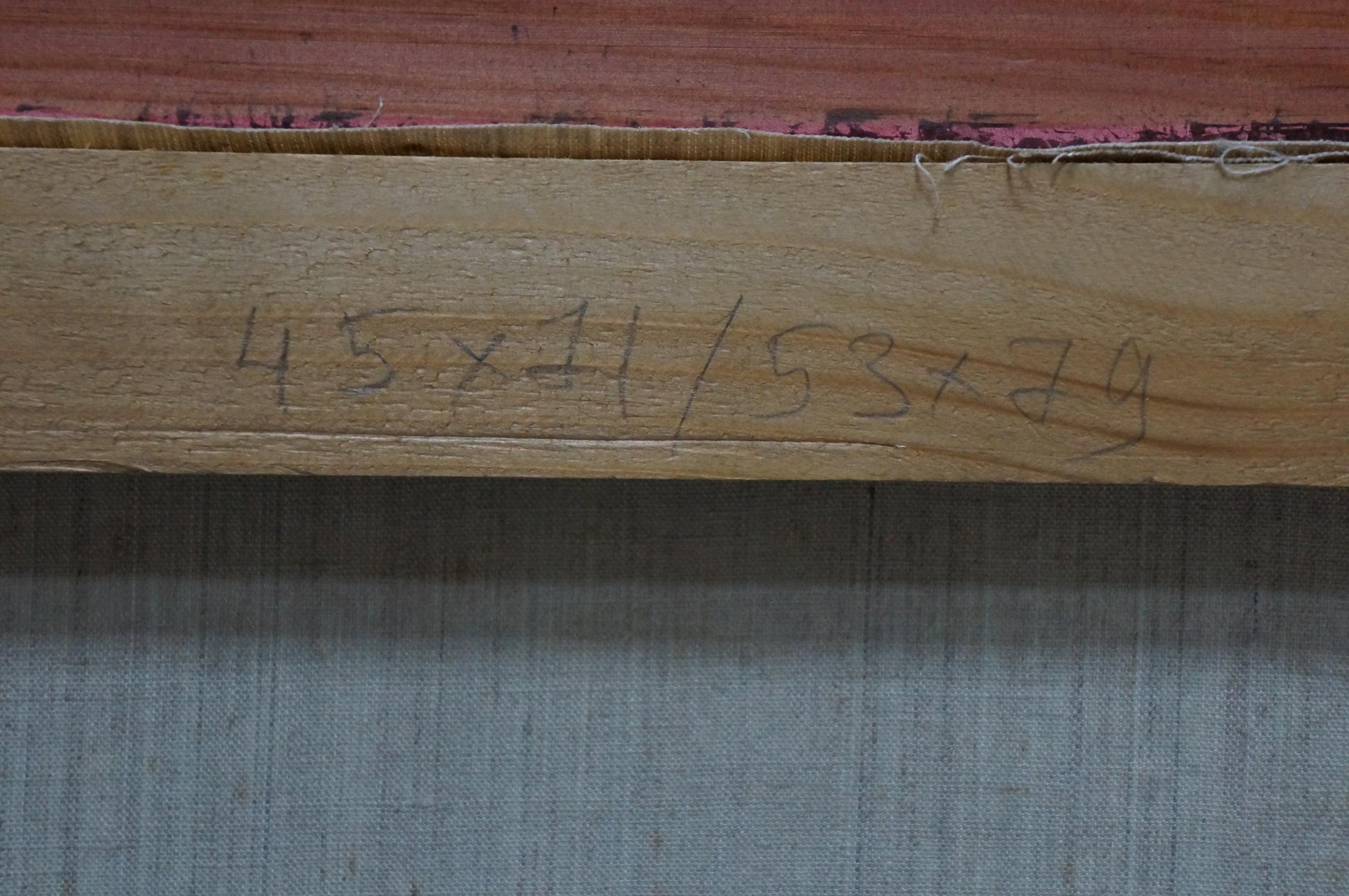 Back of Oil painting Pasture by Karas Joseph Ilyich on light wood stretcher bar with pencil dimensions