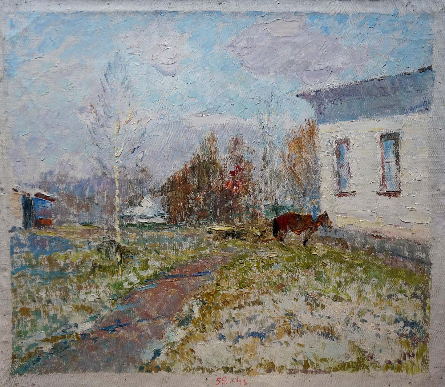 Oil painting of brown horse by white house by Viktor Grigorievich Sevastyanov