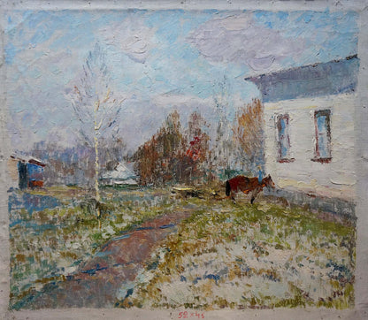 Oil painting of brown horse by white house by Viktor Grigorievich Sevastyanov