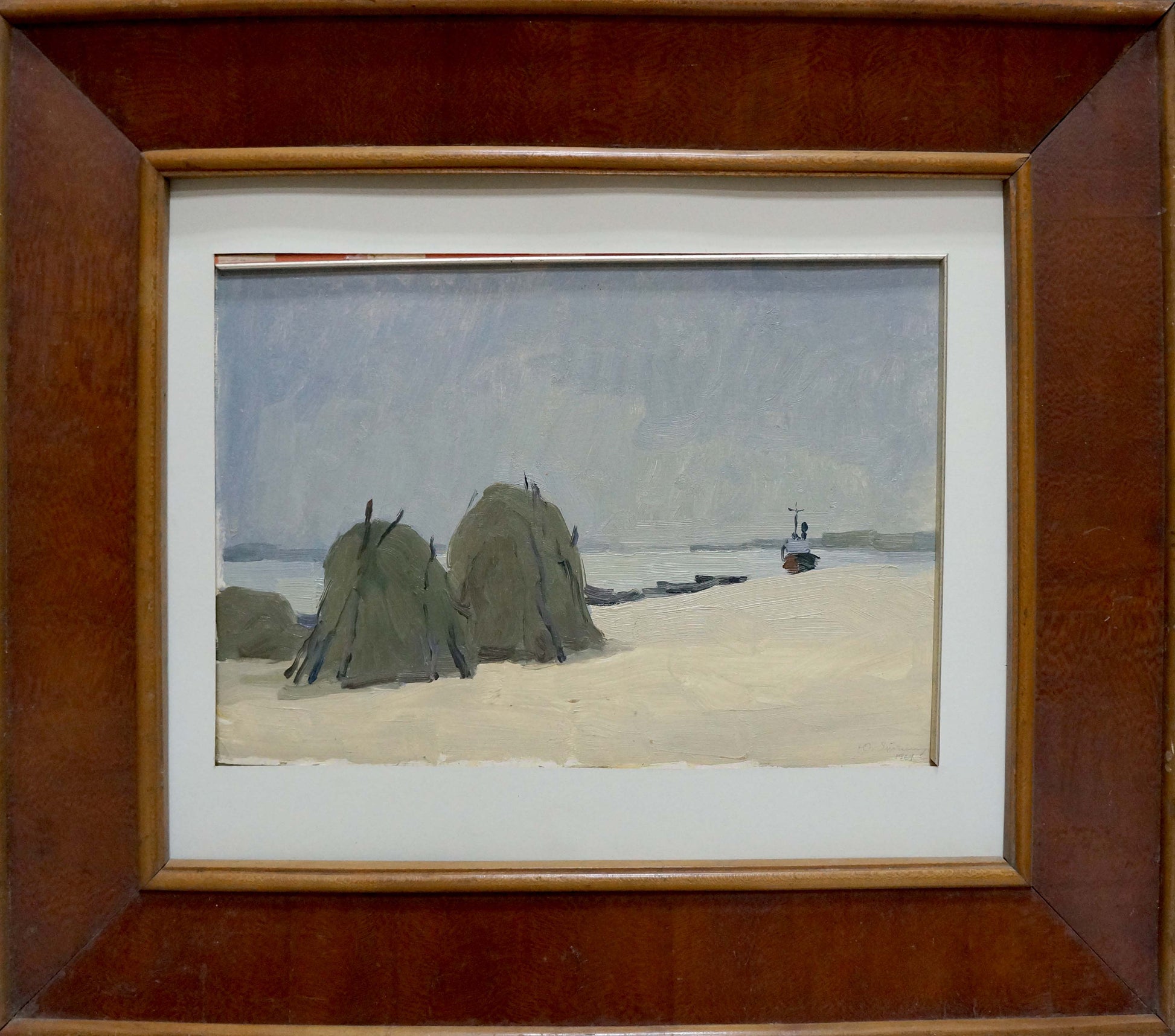 Oil painting Near the shore by Pianida Boris Nikitich, coastal haystacks scene