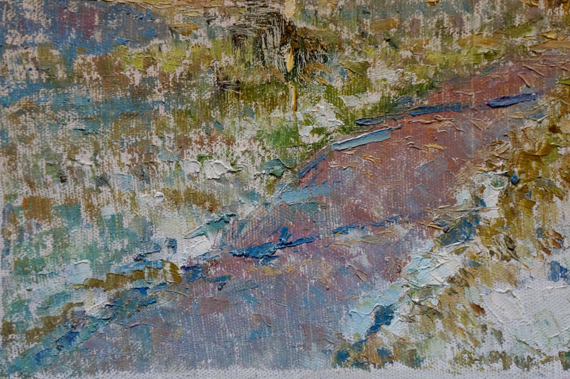 Textured impressionistic oil painting of brown horse in yard by Viktor Grigorievich Sevastyanov