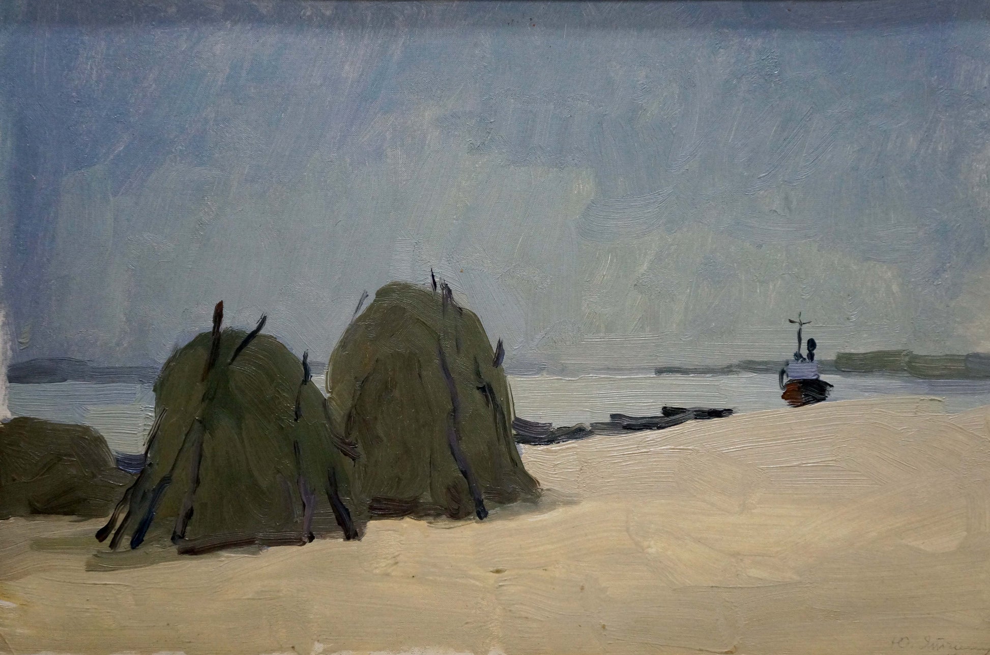 Oil painting Near the shore by Pianida Boris Nikitich: muted green hay bales on beach
