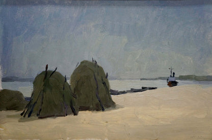 Oil painting Near the shore by Pianida Boris Nikitich: muted green hay bales on beach
