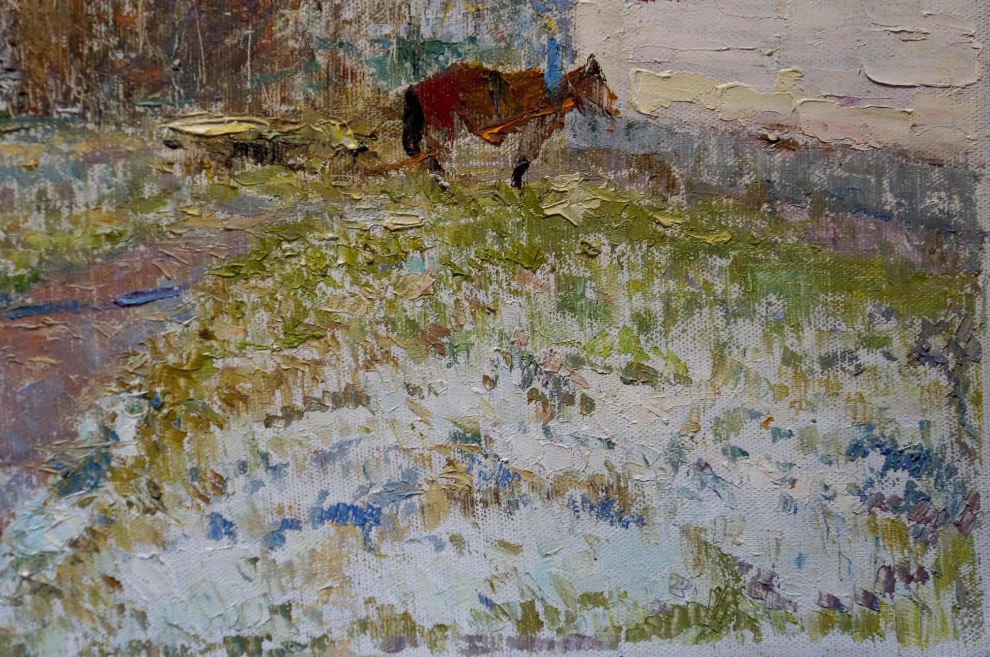 Oil painting of brown horse with red saddle in yard by Viktor Grigorievich Sevastyanov