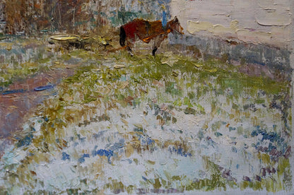 Oil painting of brown horse with red saddle in yard by Viktor Grigorievich Sevastyanov