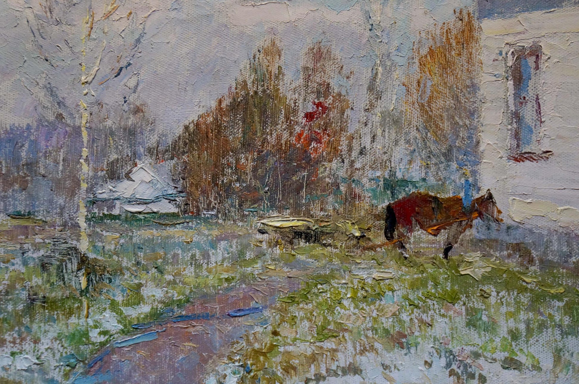 Oil painting of brown horse in yard by Viktor Grigorievich Sevastyanov
