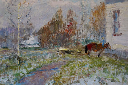 Oil painting of brown horse in yard by Viktor Grigorievich Sevastyanov