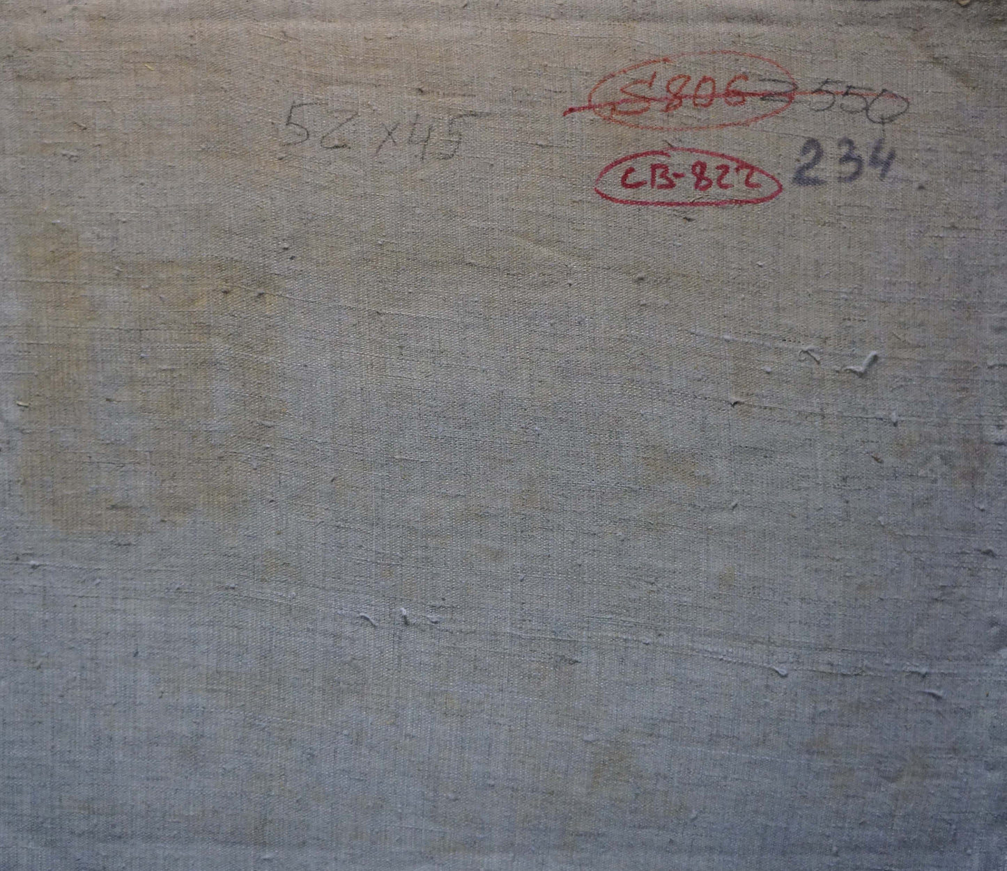 Back of oil painting Brown horse in yard by Viktor Grigorievich Sevastyanov, gray textured canvas with red ink annotations