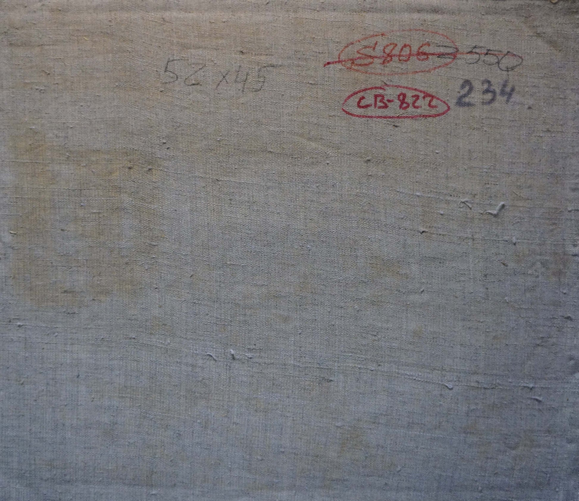 Back of oil painting Brown horse in yard by Viktor Grigorievich Sevastyanov, gray textured canvas with red ink annotations