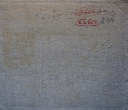 Back of oil painting Brown horse in yard by Viktor Grigorievich Sevastyanov, gray textured canvas with red ink annotations