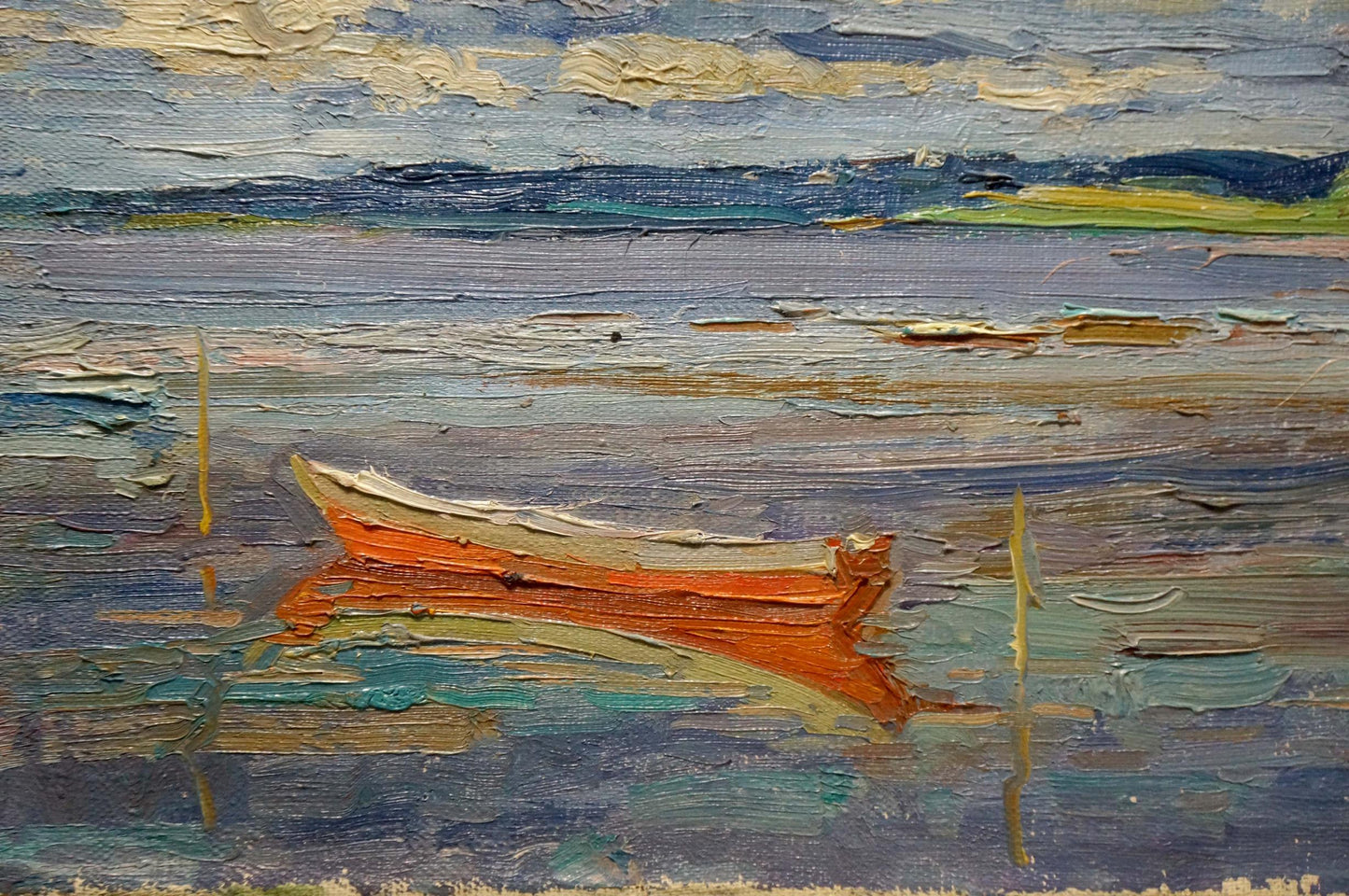 Oil painting Before the Storm by Sevastyanov: rowboat on textured water
