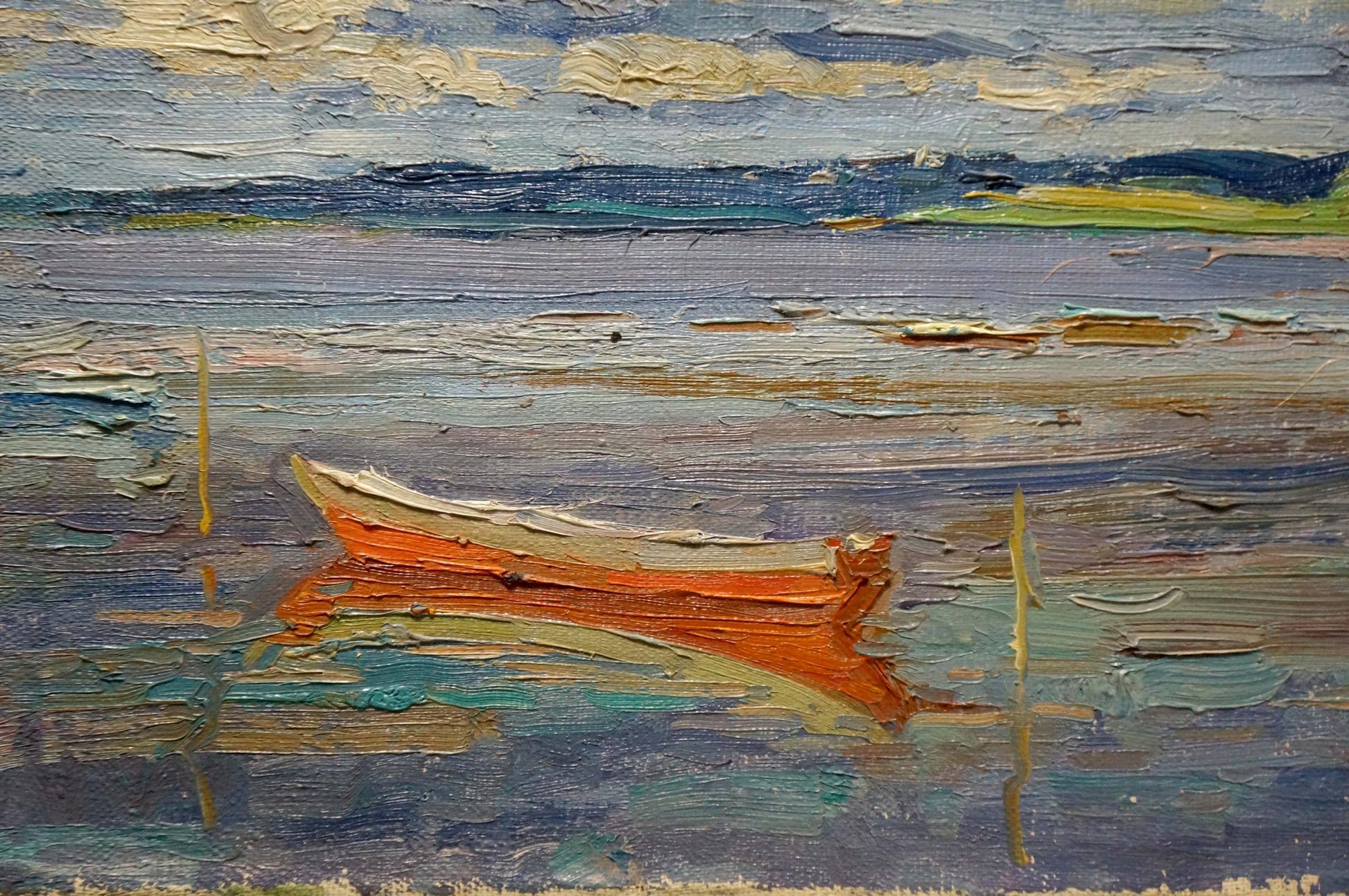 Oil painting Before the Storm by Sevastyanov: rowboat on textured water