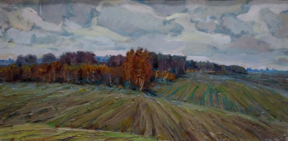 Oil painting After the Rain by Snopok A.N.: rural fields, autumn trees, cloudy sky