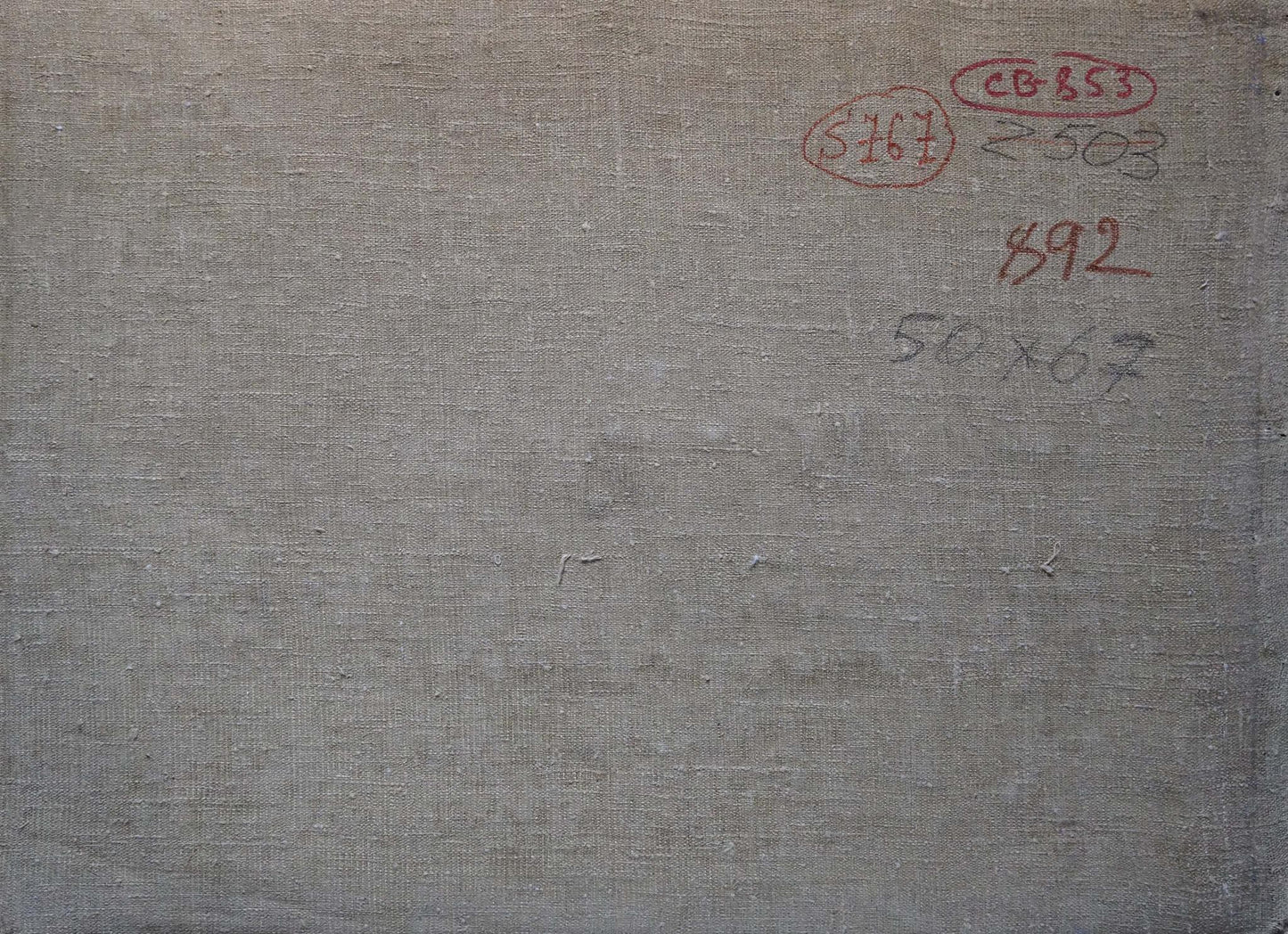 Back of Oil painting Before the storm by Sevastyanov Viktor Grigorievich on gray textured canvas with red and black ink markings