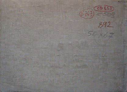 Back of Oil painting Before the storm by Sevastyanov Viktor Grigorievich on gray textured canvas with red and black ink markings
