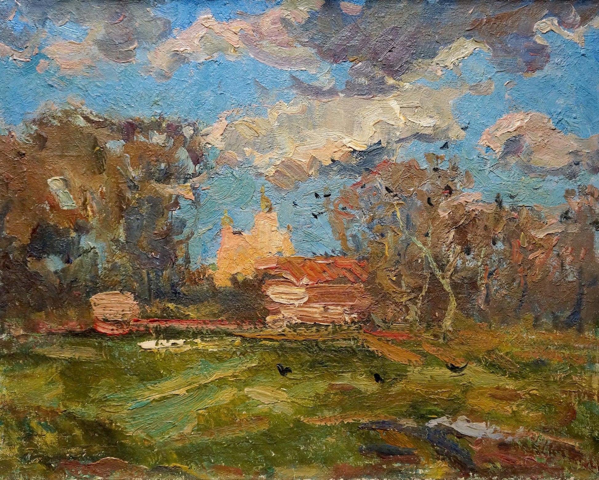 Oil painting Autumn cloudy day by Viktor Sevastyanov rural landscape