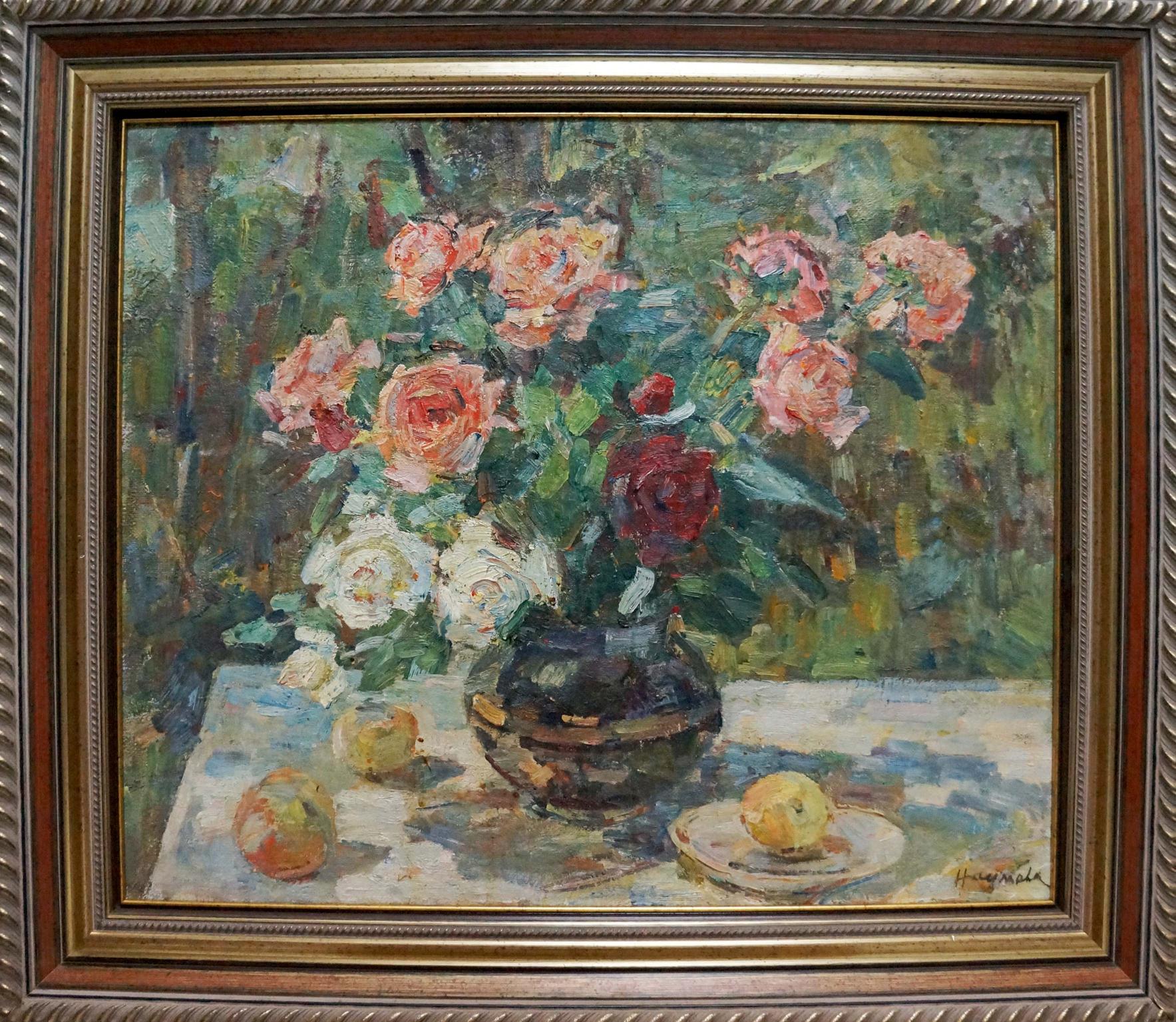 Oil painting of pink white roses vase by Naumova Tamara Sergeevna