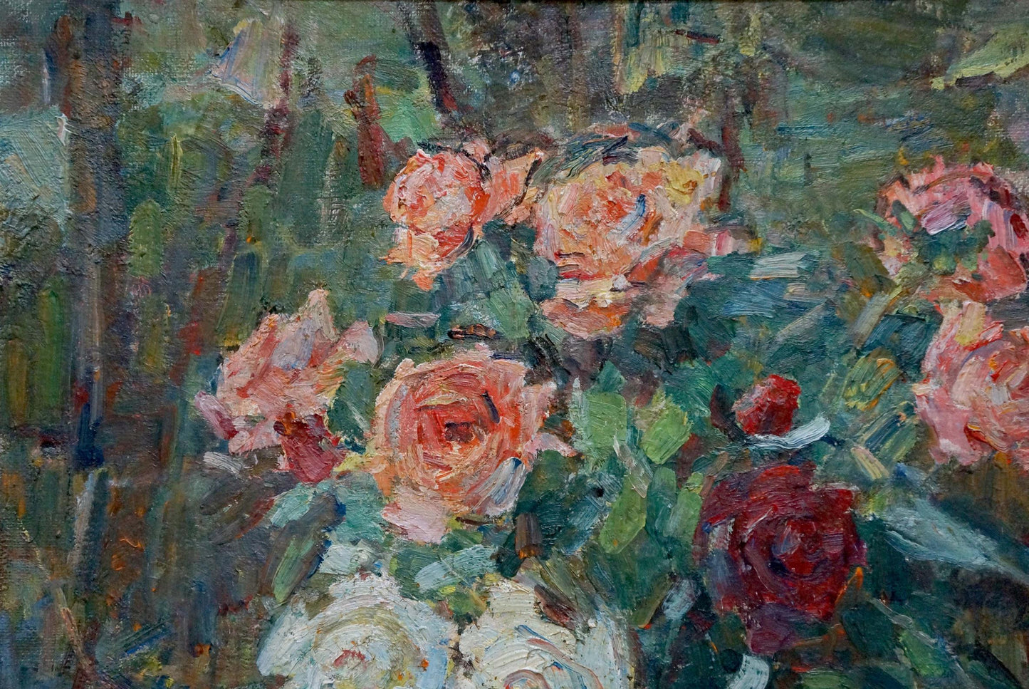 Vibrant impressionist oil painting of pink red roses by Naumova Tamara Sergeevna