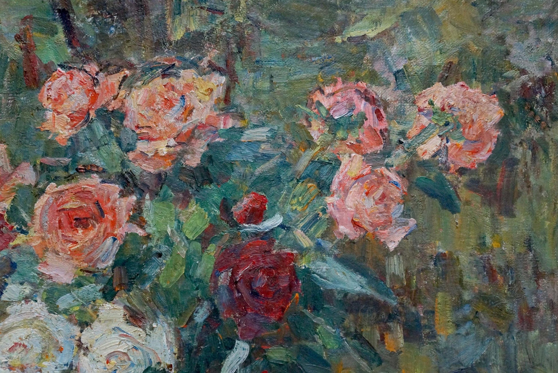 Vibrant impasto oil painting of pink red roses by Naumova Tamara Sergeevna