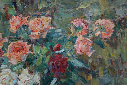Vibrant impasto oil painting of pink red roses by Naumova Tamara Sergeevna