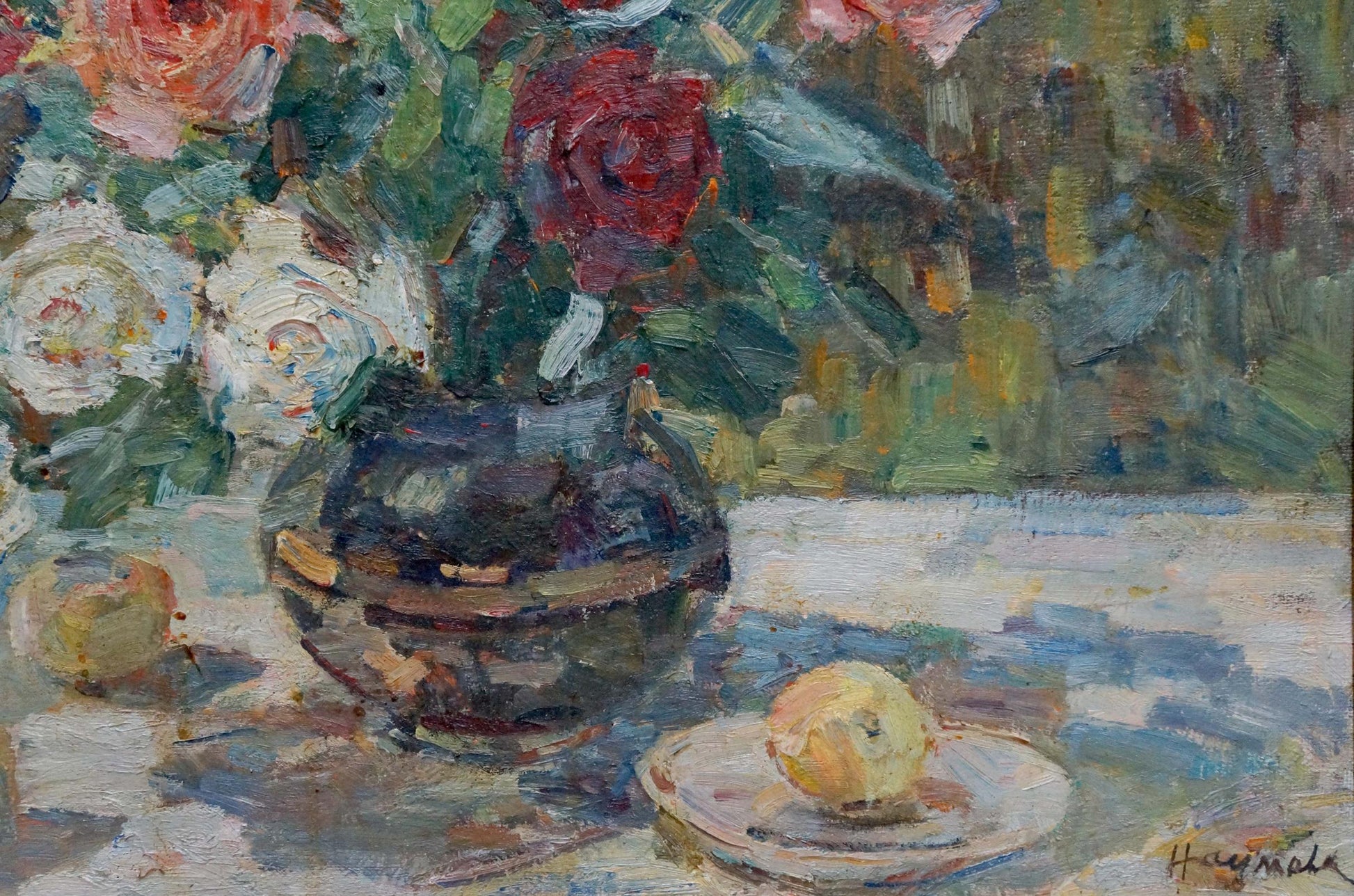 Oil painting of red and white roses in dark glossy vase by Naumova Tamara Sergeevna