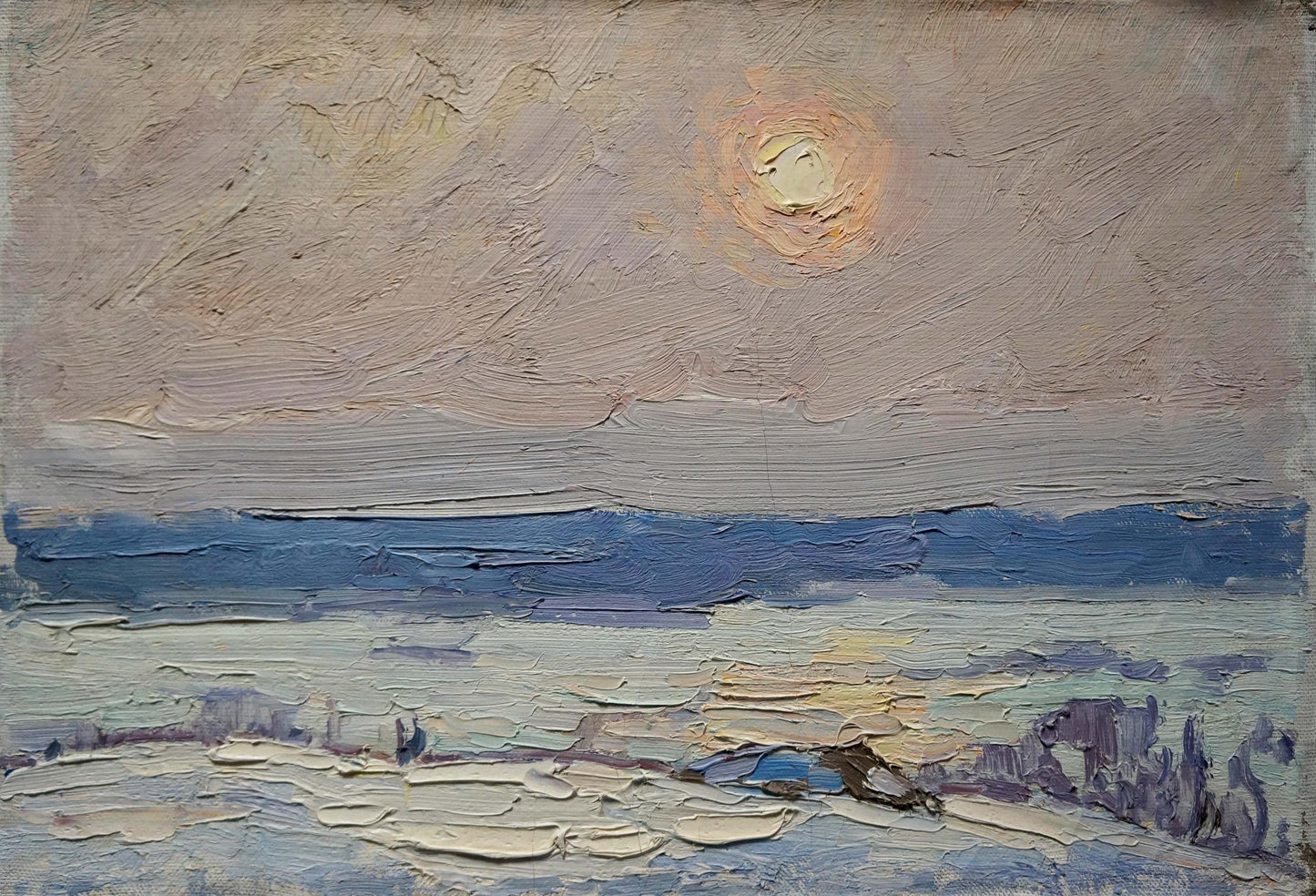 Textured oil painting of serene winter sunset landscape by Sevastyanov Viktor Grigorievich