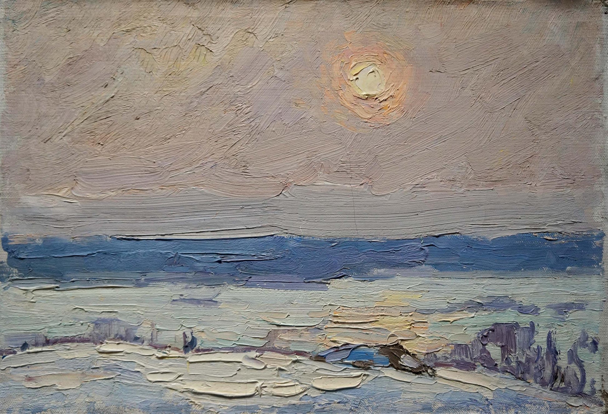 Textured oil painting of serene winter sunset landscape by Sevastyanov Viktor Grigorievich