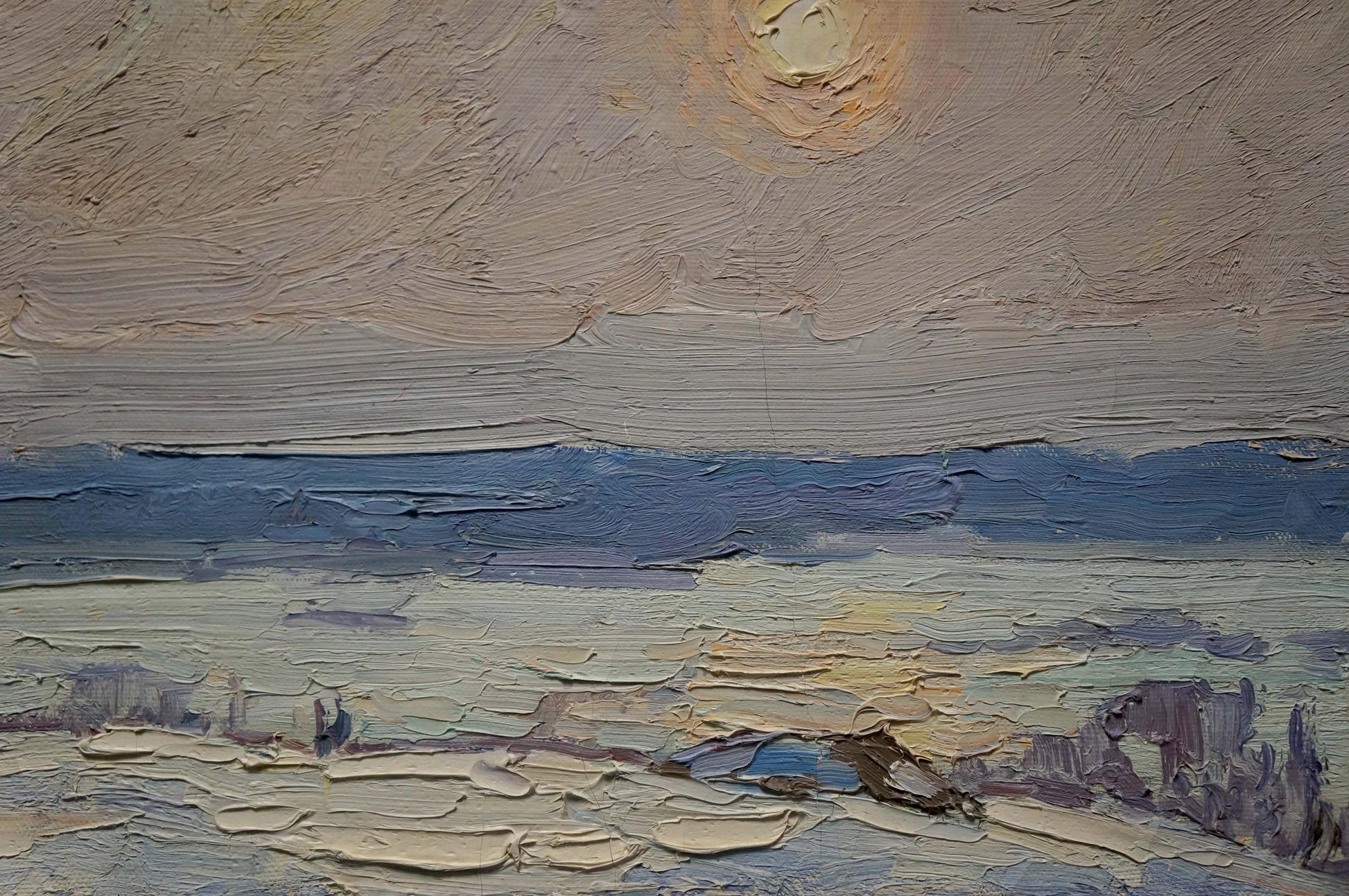 Textured oil painting of serene sunset coastal landscape by Sevastyanov Viktor Grigorievich