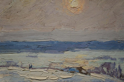 Textured oil painting of serene sunset coastal landscape by Sevastyanov Viktor Grigorievich