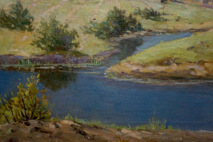 Serene blue river in lush green landscape oil painting by Nevkrytyy Denys Nykyforovych