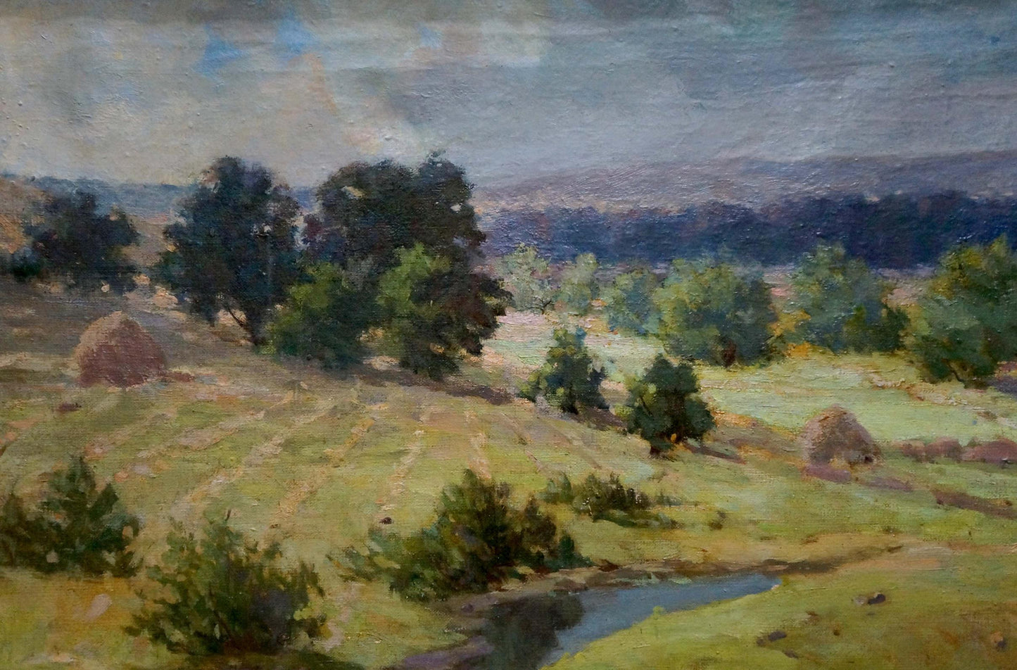 Serene oil painting by Nevkrytyy Denys Nykyforovych: green landscape with stream