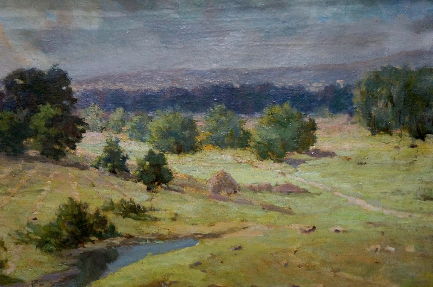 Oil painting by Nevkrytyy Denys Nykyforovych: serene green hills, river, mountains