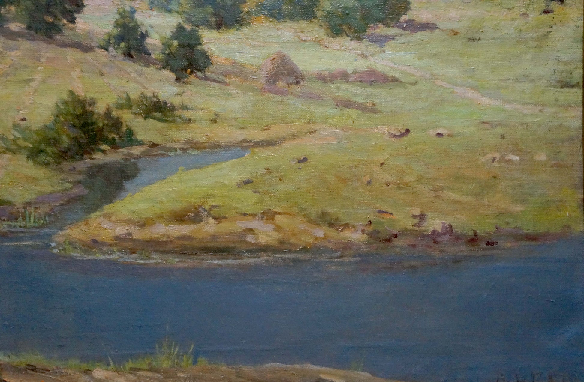 Serene oil painting by Nevkrytyy Denys Nykyforovych: river in lush hills