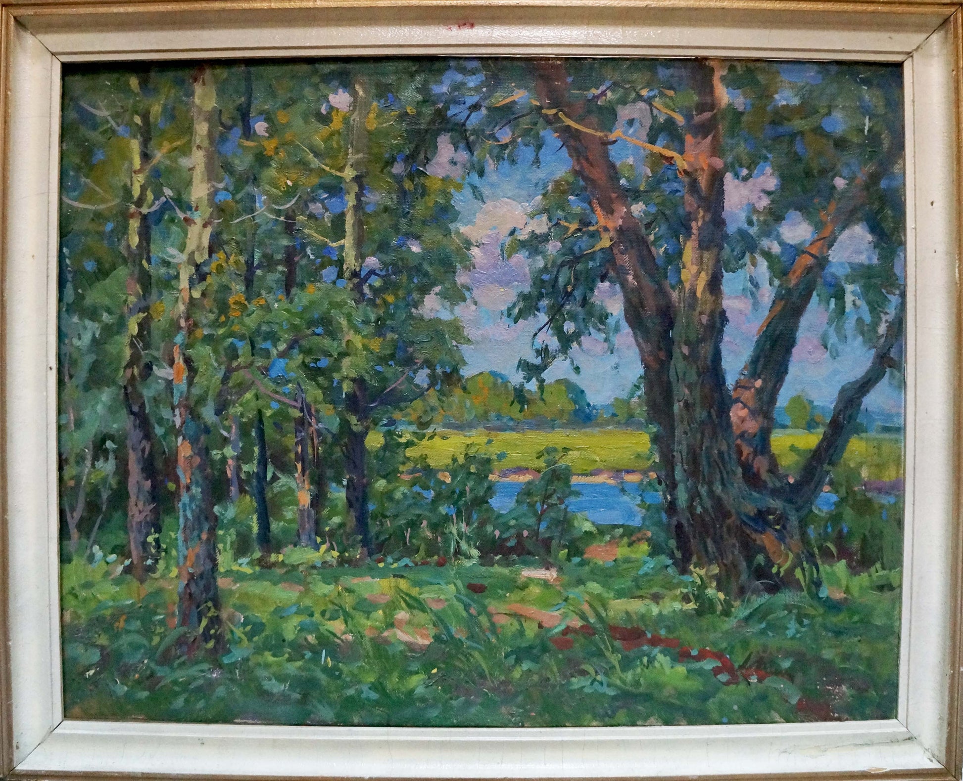 Framed oil painting by Fomin Anatoly Nikiforovich: lush forest and river
