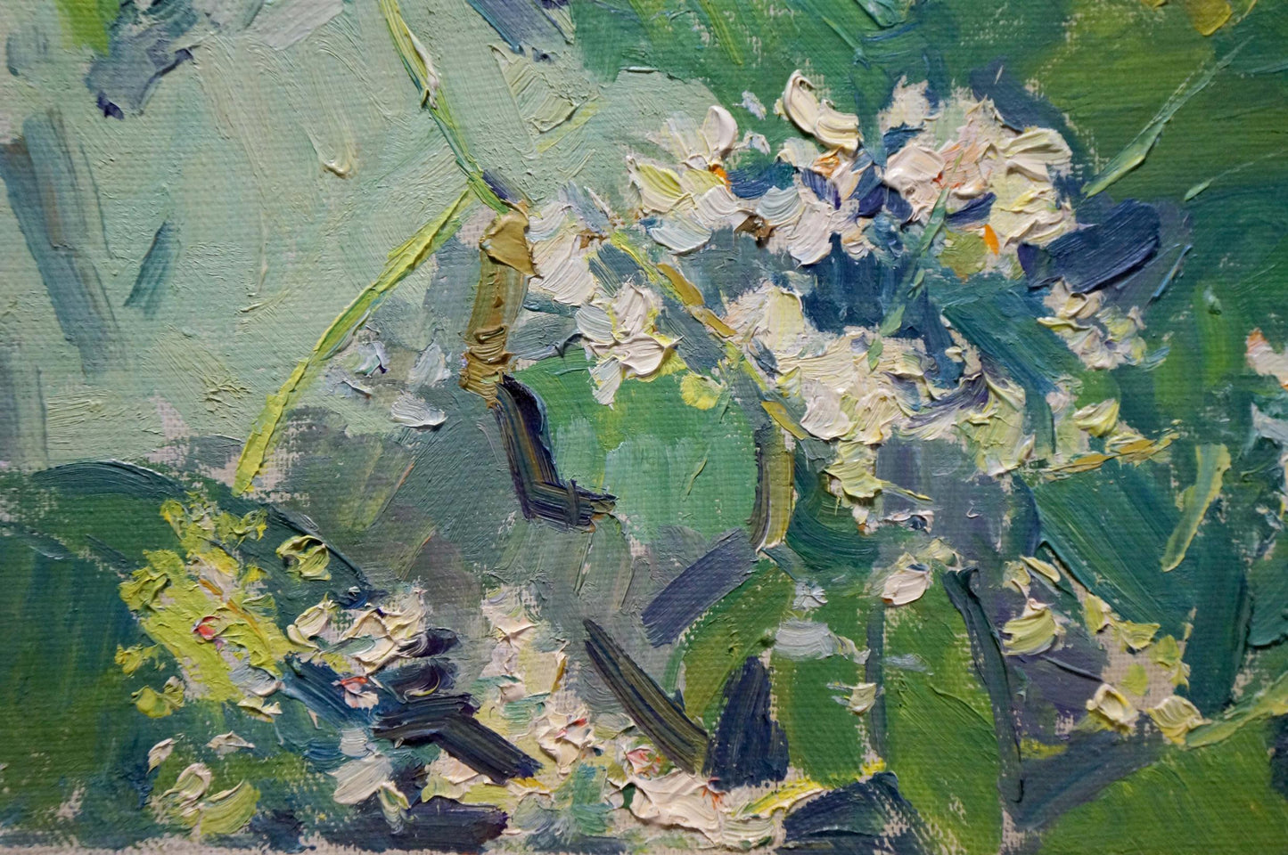Textured impressionist oil painting of white blue hydrangeas by Sevastyanov Viktor Grigorievich