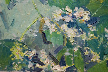 Textured impressionist oil painting of white blue hydrangeas by Sevastyanov Viktor Grigorievich