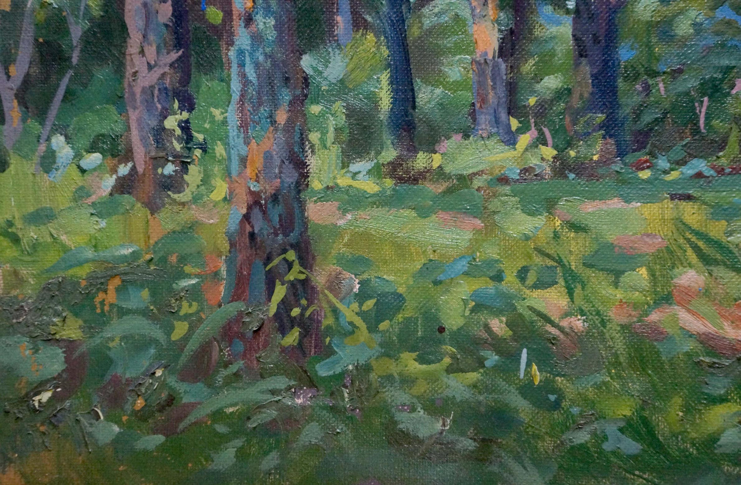 Oil painting By the River by Fomin Anatoly Nikiforovich, impressionistic forest scene
